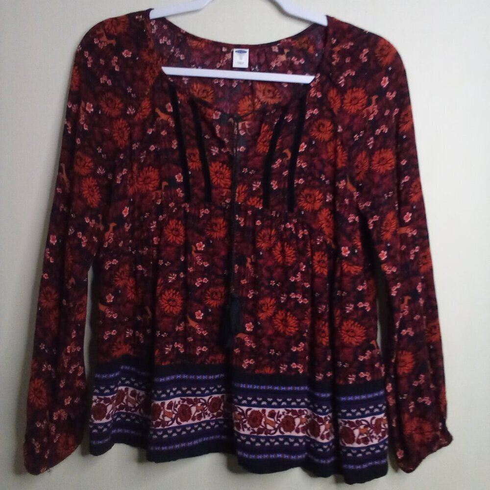 Old Navy Blouse Women XS Long Sleeve Boho Feminine Floral Red Black